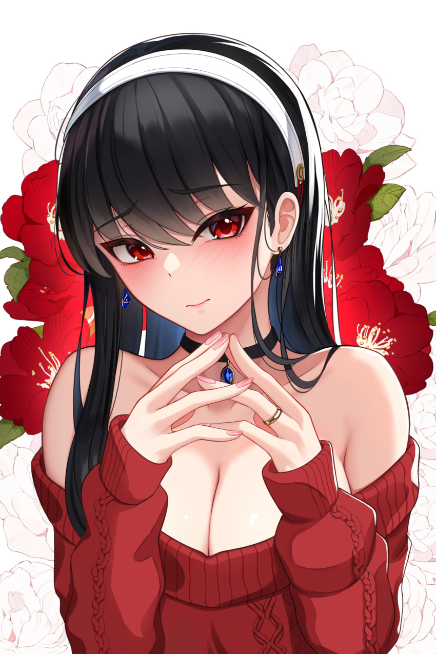 1girl bangs bare_shoulders black_choker black_hair blush breasts choker cleavage collarbone damao_yu earrings eyebrows_visible_through_hair floral_background flower hair_between_eyes hairband highres jewelry large_breasts long_hair looking_at_viewer off-shoulder_sweater off_shoulder own_hands_together pendant_choker raised_eyebrows red_eyes red_flower red_rose rose rose_background solo spy_x_family straight_hair sweater upper_body white_hairband yor_briar