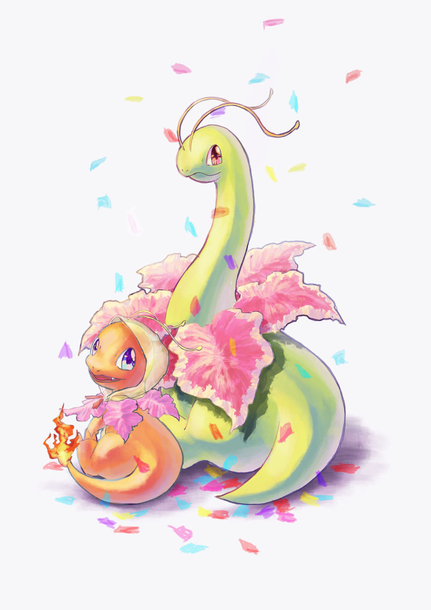 absurdres blue_eyes charmander closed_mouth confetti fang fire flame flame-tipped_tail highres leaf looking_at_viewer masshu_(shu_123426) meganium no_humans open_mouth photoshop_(medium) pokemon pokemon_(creature) sitting smile white_background