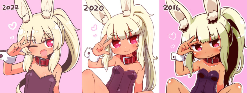 1girl 2016 2020 2022 ;d animal_ear_fluff animal_ears artist_progress bangs bare_shoulders blonde_hair blush breasts closed_mouth collar commentary_request covered_navel eyebrows_visible_through_hair fang hand_up heart heart-shaped_pupils highres leotard long_hair looking_at_viewer masurao_2_(sekaiju) multiple_views naga_u one_eye_closed ponytail purple_eyes purple_leotard rabbit_ears red_collar sekaiju_no_meikyuu sekaiju_no_meikyuu_5 small_breasts smile strapless strapless_leotard symbol-shaped_pupils thick_eyebrows upper_body very_long_hair wrist_cuffs