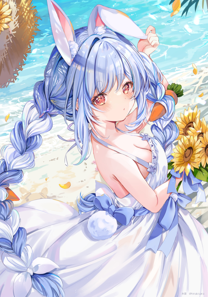 1girl animal_ear_fluff animal_ears arm_up bangs bare_arms beach blue_hair blush braid breasts carrot_hair_ornament cleavage day dress extra_ears eyebrows_visible_through_hair flower food-themed_hair_ornament hair_ornament hair_ribbon halter_dress halterneck hat highres hinahino holding holding_flower hololive long_hair looking_at_viewer medium_breasts multicolored_hair outdoors petals rabbit_ears rabbit_girl rabbit_tail red_eyes ribbon short_eyebrows solo straw_hat sunflower tail thick_eyebrows twin_braids twintails twitter_username two-tone_hair usada_pekora very_long_hair virtual_youtuber white_dress white_hair white_ribbon yellow_flower