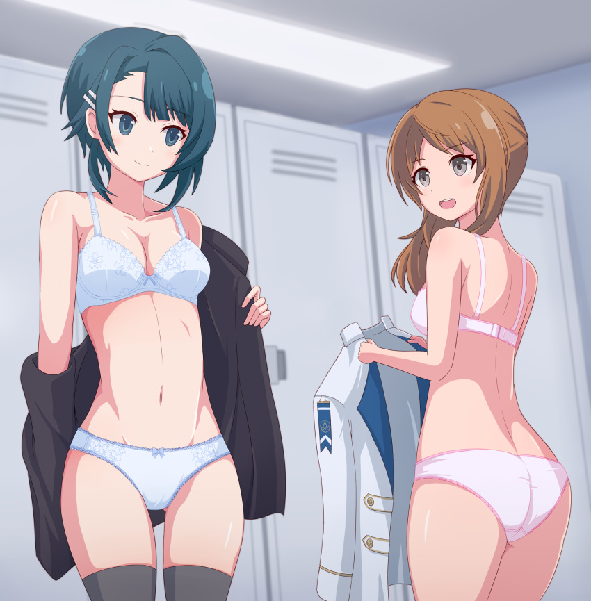 2girls aizawa_kazuha arm_at_side ass ass_visible_through_thighs assault_lily asymmetrical_hair back bare_arms bare_shoulders black_legwear black_shirt blue_bra blue_eyes blue_hair blue_panties blurry blurry_background bow bow_bra bow_panties bra breasts brown_hair ceiling ceiling_light cleavage collarbone commentary_request cowboy_shot eyebrows_visible_through_hair floral_print grey_eyes hair_behind_ear hair_ornament hairclip hand_up hands_up haniwa_(kiminozorazio) herensuge_girls_academy_school_uniform highres holding holding_clothes holding_jacket iijima_renka indoors jacket jacket_removed locker locker_room long_hair long_sleeves looking_at_another looking_away looking_to_the_side medium_breasts multiple_girls navel no_pants off_shoulder open_clothes open_mouth open_shirt panties pink_bra pink_panties print_bra print_panties school_uniform shirt short_hair side_ponytail smile standing stomach teeth thighhighs underwear underwear_only undressing upper_teeth white_jacket