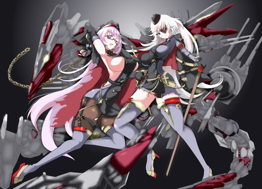 2girls absurdres armpits artillery azur_lane black_background black_gloves black_headwear blue_eyes boots breasts brown_legwear buttons double-breasted dress elbow_gloves eyepatch fingerless_gloves fingernails full_body gloves gneisenau_(azur_lane) gneisenau_(meta)_(azur_lane) gradient gradient_background grey_background hat high_heels highres large_breasts long_hair looking_at_viewer machinery mechanical_animal medium_breasts microdress multiple_girls nail_polish one_eye_covered pantyhose presenting_armpit purple_footwear red_nails rigging sansei scharnhorst_(azur_lane) scharnhorst_(meta)_(azur_lane) sharp_fingernails sideboob simple_background standing thigh_boots thighhighs turret very_long_hair weapon white_hair