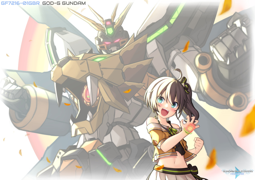 1girl black_camisole blue_eyes brown_hair camisole character_name clenched_hand clenched_hands english_commentary fusion g_gundam gaogaigar glowing glowing_eyes glowing_hand god_gundam green_eyes grey_skirt gundam gundam_build_divers gundam_build_divers_re:rise highres hololive jacket logo logo_parody mecha midriff natsuiro_matsuri navel off-shoulder_jacket off_shoulder open_hand orange_jacket parody pinguinkotak red_eyes science_fiction side_ponytail skirt super_robot title_parody v-fin virtual_youtuber yuusha_ou_gaogaigar yuusha_series