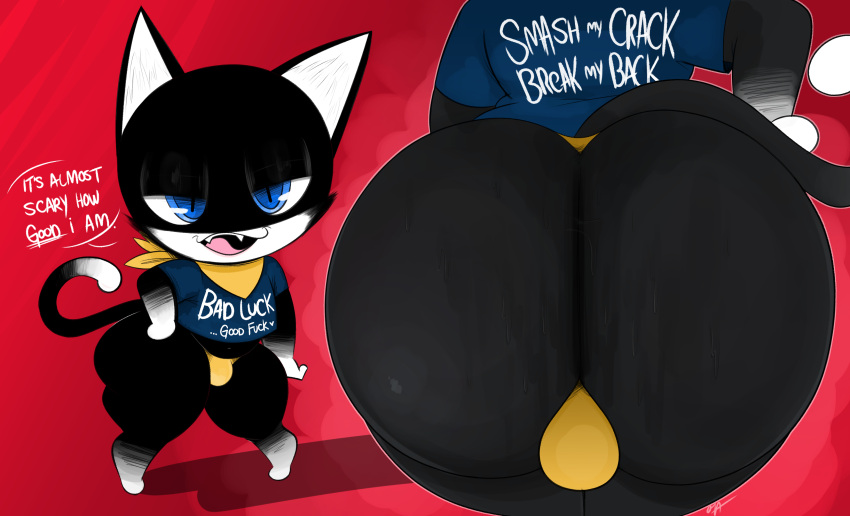 &lt;3 absurd_res anthro atlus bedroom_eyes big_butt black_body black_ears black_fur black_pupils black_tail blue_clothing blue_eyes blue_shirt blue_topwear bodily_fluids bottomwear bubble_butt bulge butt butt_focus butt_shot cheek_tuft clothed clothing countershading curvaceous curvy_figure dialogue dipstick_tail domestic_cat english_text facial_tuft fangs felid feline felis fur girly glistening glistening_eyes half-closed_eyes hand_on_hip hand_on_own_hip hi_res huge_butt kerchief licking_teeth looking_at_viewer male mammal markings megami_tensei megami_tensei_persona morgana_(persona) multicolored_body multicolored_fur narrowed_eyes navel neckerchief no_pants noseless open_mouth open_smile ota_(artist) pink_tongue pose profanity pupils rear_view red_background scarf seductive shaded shadow sharp_teeth shirt short_stack signature simple_background slit_pupils smile solo standing sweat sweatdrop sweaty_butt tail_markings talking_to_viewer teeth teeth_showing text text_on_clothing text_on_topwear thick_thighs thong tongue tongue_out topwear tuft underwear video_games voluptuous white_body white_countershading white_fur white_inner_ear white_tail wide_hips yellow_bottomwear yellow_clothing yellow_kerchief yellow_neckerchief yellow_scarf yellow_thong yellow_underwear