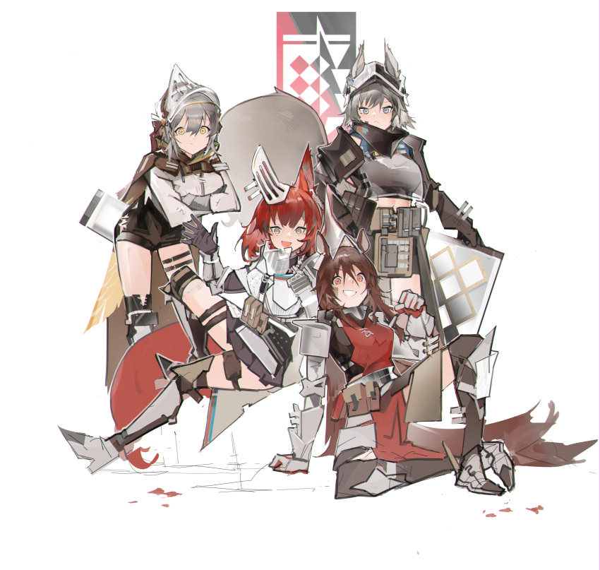:d absurdres animal_ears arknights arm_guards armored_boots ashlock_(arknights) bangs belt belt_pouch black_gloves black_shorts black_skirt boots breasts brown_cape brown_eyes brown_hair cape closed_mouth crop_top crossed_arms elbow_gloves eyebrows_visible_through_hair fartooth_(arknights) feather_hair flametail_(arknights) gauntlets gloves grey_eyes grey_footwear grey_hair grey_headwear grin high-waist_shorts highres horse_ears horse_girl horse_tail jumbowhopper knee_boots knee_up large_breasts leaning_forward long_hair long_sleeves looking_at_viewer medium_breasts miniskirt oripathy_lesion_(arknights) parted_lips pleated_skirt pouch red_eyes red_hair see-through shield shirt short_hair shorts simple_background sitting skirt smile squirrel_ears squirrel_girl squirrel_tail standing tabard tail thigh_strap very_long_hair visor_(armor) waist_cape waving white_background white_shirt wild_mane_(arknights) yellow_eyes