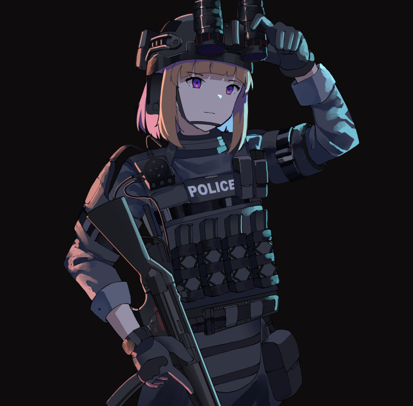 absurdres blonde_hair body_armor gar32 gun h&amp;k_mp5 helmet highres magazine_(weapon) military_helmet night_vision_device original police police_uniform policewoman purple_eyes radio submachine_gun trigger_discipline uniform weapon