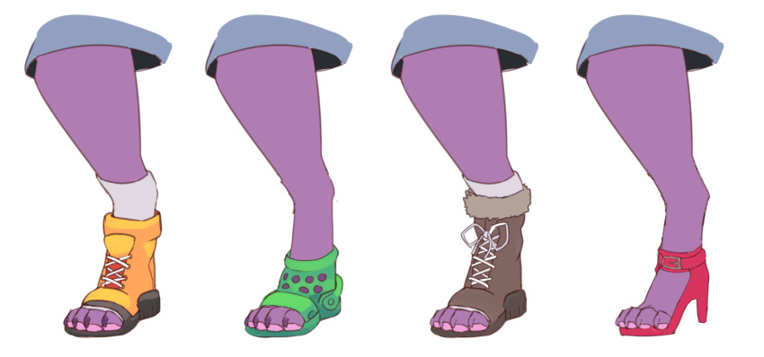 2021 ambiguous_gender boots claws clothing corablue crocs digital_media_(artwork) digitigrade felid foot_shot footwear fur mammal pawpads paws purple_body purple_fur red_high_heels shoes simple_background solo toe_pads toeless_footwear white_background yellow_boots yellow_clothing yellow_footwear