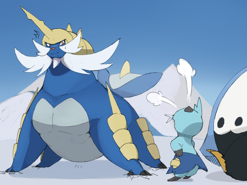 annoyed armor beard belly blue_belly blue_body claws dewott empoleon facial_hair feral group headgear helmet hi_res male mustache nintendo overweight overweight_feral overweight_male pok&eacute;mon pok&eacute;mon_(species) samurott trio video_games weight_gain zephy_03