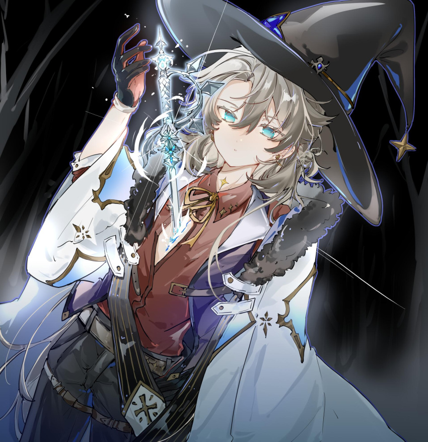 1boy albedo_(genshin_impact) bare_tree black_background blonde_hair blue_eyes cape genshin_impact gloves hat highres human_scabbard looking_at_viewer magic male_focus pants red_shirt shirt solo sword tattoo tree weapon witch witch_hat wumeng