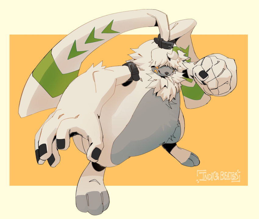 angoramon anthro bandai_namco digimon digimon_(species) fighting_pose fist fluffy_chest hair hair_over_eyes hi_res indigobeats lagomorph leporid long_ears male mammal ponytail_ears pose rabbit solo