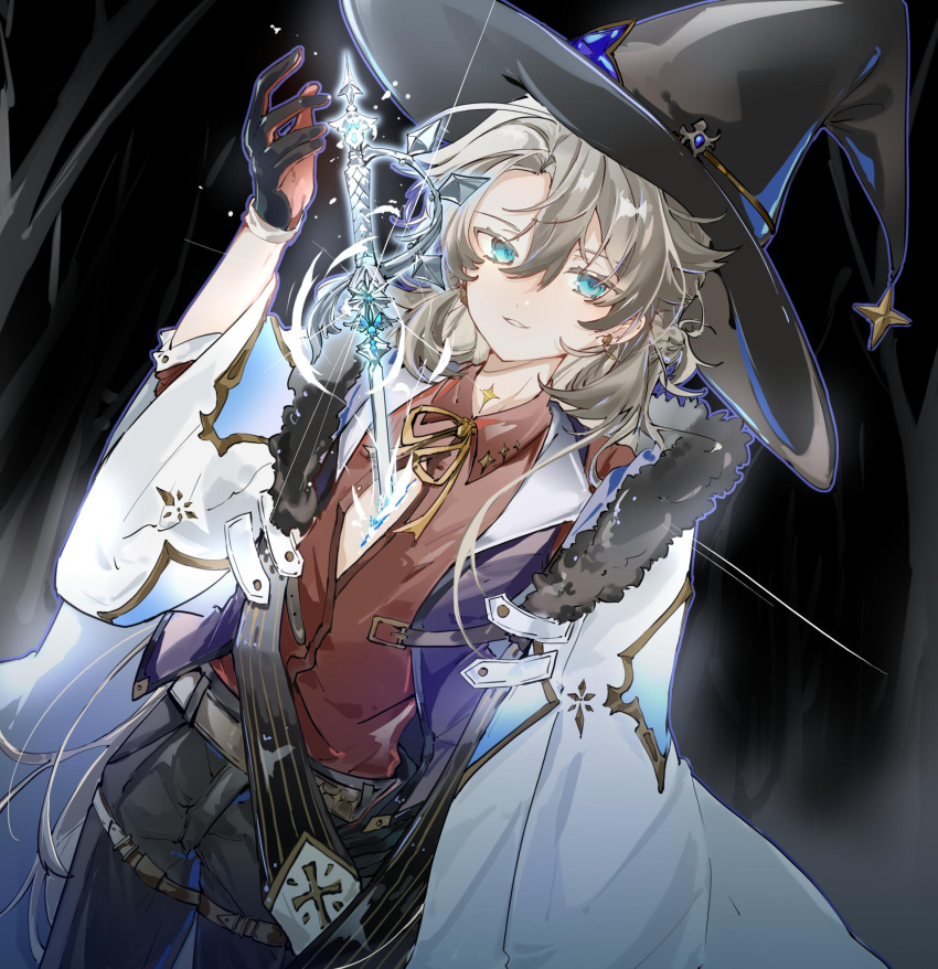 1boy albedo_(genshin_impact) bare_tree black_background blonde_hair blue_eyes cape genshin_impact gloves hat highres human_scabbard looking_at_viewer magic male_focus open_mouth pants red_shirt shirt smile solo sword tattoo tree weapon witch witch_hat wumeng