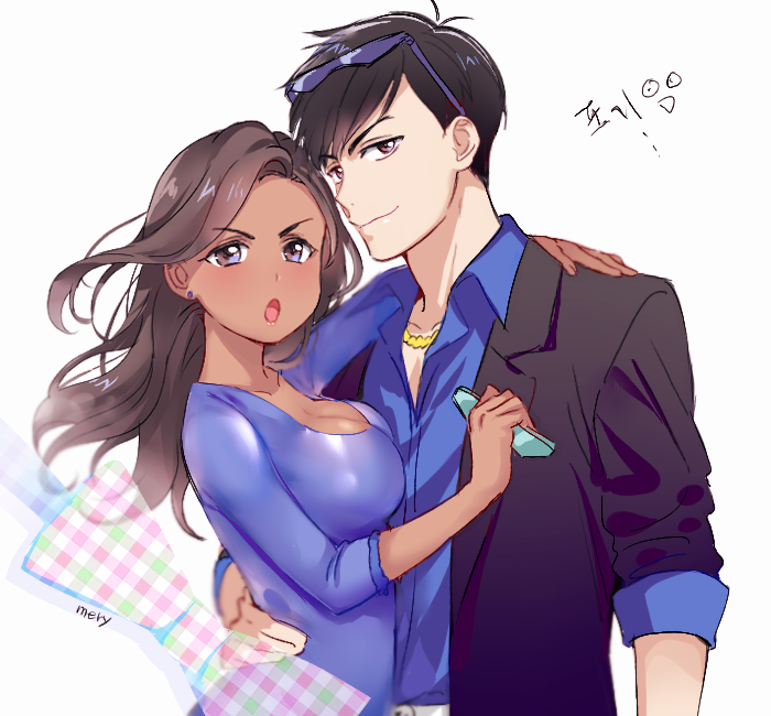 brown_hair chibi_inset cleavage closed_mouth collared_shirt dark_skin 