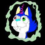 anthro blue_body blue_fur fangs fur green_eyes happy horn male minerva_sylvenstine red_eyes smile solo teeth unifox unifox100 user_avatar white_body white_fur