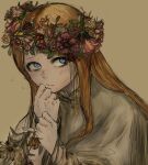  1girl :/ artist_request black_souls blue_eyes brown_hair brown_shirt closed_mouth dirty edith_(black_souls) hand_to_own_mouth head_wreath highres long_hair long_sleeves looking_at_viewer nervous shirt simple_background solo tagme wilted_flower 