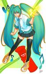  aqua_eyes aqua_hair azusa_(hws) hatsune_miku highres japanese_cylindrical_postbox japanese_postal_mark long_hair musical_note necktie postbox_(outgoing_mail) shoes skirt sneakers solo thighhighs twintails very_long_hair vocaloid wristband 