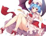  1girl ass bat_wings blue_hair blush closed_mouth cup flat_chest hat holding holding_cup mob_cap red_eyes remilia_scarlet ruhika shiny_skin simple_background socks solo thighs touhou white_background white_socks wings 