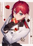  13_(bbr584607091) 1boy belt black_gloves blue_eyes brown_background checkered_clothes chocolate clover commentary crossed_bangs diamond_(shape) gift gloves happy_valentine heart highres holding holding_gift jacket lapel_pin letterboxed long_sleeves looking_at_viewer male_focus red_hair riddle_rosehearts short_hair simple_background solo spade_(shape) symbol-only_commentary thinking twisted_wonderland upper_body white_jacket 