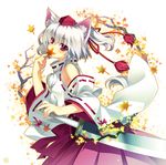 animal_ears detached_sleeves hat inubashiri_momiji leaf maple_leaf red_eyes riv short_hair silver_hair solo sword tail tokin_hat touhou weapon wolf_ears wolf_tail 