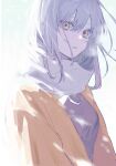  1girl absurdres blush breasts breath enpera from_side grey_hair hair_between_eyes highres jacket long_hair long_sleeves looking_at_viewer mochiosamu_ron motion_blur orange_jacket original parted_lips scarf simple_background snowing solo sunlight upper_body white_background white_scarf winter_uniform yellow_eyes 