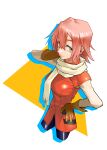  1girl absurdres breasts flcl gloves hair_between_eyes haruhara_haruko highres lips pink_hair scarf short_hair solo standing takeit0 triangle white_scarf yellow_gloves 