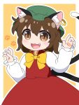  1girl :3 :d animal_ear_fluff animal_ear_piercing animal_ears border bow bowtie brown_eyes brown_hair cat_ears cat_tail chen commentary_request cowboy_shot dress earrings fang flat_chest green_headwear hair_between_eyes hands_up hat highres jewelry light_blush long_sleeves looking_at_viewer mob_cap multiple_tails nekomata open_mouth orange_background outline paw_print paw_print_background puffy_long_sleeves puffy_sleeves red_dress rizleting short_hair single_earring slit_pupils smile solo tail touhou two_tails white_border white_outline yellow_bow yellow_bowtie 