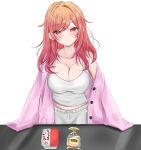  1girl absurdres breasts cleavage highres hijiriririn hololive hololive_dev_is ichijou_ririka jacket large_breasts long_hair messy_hair orange_eyes orange_hair packet pink_jacket sleepwear virtual_youtuber white_background 