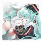  1girl 1other :3 animal animal_hug binoculars black_coat black_gloves blush_stickers closed_eyes coat crab curled_up fur-trimmed_coat fur-trimmed_hood fur_trim gloves hair_ribbon hat hatsune_miku highres hood hood_up knees_up long_hair military_uniform naval_uniform peaked_cap rabbit rabbit_yukine red_ribbon red_thighhighs revision ribbon sleeping smile striped striped_thighhighs thighhighs twintails twitter_username uniform very_long_hair vocaloid wavy_hair white_thighhighs yuki_miku yuki_miku_(2022) yuta_2341 