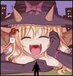 1girl :d blonde_hair border breast_press breasts city demon_girl elbow_gloves fang felarya giantess gloves halloween hat horns karbo large_breasts long_hair menyssan night open_mouth ribbon silhouette smile solo_focus succubus uvula wings witch witch_hat 