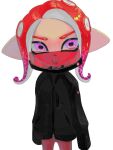  1girl black_sweater commentary_request cowboy_shot kurutot1 looking_at_viewer mask medium_hair octoling octoling_girl pointy_ears purple_eyes red_hair simple_background solo splatoon_(series) standing sweater tentacle_hair tongue tongue_out v-shaped_eyebrows white_background 