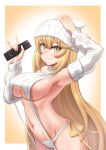  1girl blonde_hair breasts controller detached_sleeves els_(ljhlee12) garter_straps gradient_background hand_on_headwear highres holding holding_remote_control large_breasts long_hair looking_at_viewer meme_attire navel panties remote_control ribbed_panties ribbed_sleeves ribbed_sweater ribbed_thighhighs shokuhou_misaki side-tie_panties sideboob simple_background sleeveless sleeveless_sweater sleeveless_turtleneck smile solo sparkling_eyes sweater toaru_kagaku_no_mental_out toaru_kagaku_no_railgun toaru_majutsu_no_index turtleneck turtleneck_sweater underwear virgin_destroyer_sweater white_garter_straps white_headwear white_panties white_sweater 