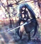  belt black_hair black_rock_shooter black_rock_shooter_(character) boots center_opening cross-laced_footwear highres long_hair mamuru open_clothes solo sword twintails very_long_hair weapon 