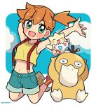 1girl :d bird blue_shorts blue_sky border closed_eyes cloud colored_skin commentary cropped_shirt duck green_eyes happy highres jumping kokashiho midriff misty_(pokemon) navel open_mouth orange_hair outside_border pokemon pokemon_(anime) pokemon_(creature) psyduck shirt short_hair shorts sky smile suspenders symbol-only_commentary togepi white_border yellow_shirt yellow_skin 