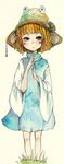  bad_id bad_pixiv_id blonde_hair blue_eyes child conose dress flower grass hat moriya_suwako short_hair simple_background solo touhou 