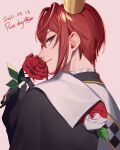  13_(bbr584607091) 1boy black_coat coat coat_on_shoulders commentary crown dated english_text flower grey_eyes highres holding holding_flower looking_at_viewer looking_back male_focus pink_background red_flower red_hair red_rose riddle_rosehearts rose shirt short_hair simple_background smile solo symbol-only_commentary twisted_wonderland upper_body white_shirt 