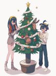  1boy 1girl black_hair black_pants brother_and_sister brown_fur candy candy_cane carmine_(pokemon) christmas christmas_tree colored_inner_hair commentary_request crossed_bangs food full_body grey_shirt grey_shorts hairband highres kieran_(pokemon) long_hair multicolored_hair no_shoes open_mouth pants pokemon pokemon_(creature) pokemon_sv purple_hair red_hair saba_chimera sentret shirt shorts siblings simple_background socks standing striped striped_socks tail teeth two-tone_hair white_background white_socks yellow_eyes yellow_hairband 