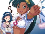  bare_shoulders blue_eyes blue_hair blush breasts brown_eyes cleavage closed_mouth commentary_request dark-skinned_female dark_skin green_hair hairband highres jean_(lunar) jewelry long_hair looking_at_viewer lucia_(lunar) lunar lunar_2:_eternal_blue multiple_girls necklace open_mouth pendant ponytail side_ponytail simple_background smile watakinu 