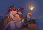  2boys 9x8bit absurdres bara belly couple dog_boy firecrackers from_side furry furry_male furry_with_furry happy highres holding jacket looking_at_another male_focus multiple_boys new_year night night_sky original plump short_hair sitting sky smile thick_eyebrows yaoi 