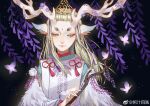  1boy animal_ears antlers bajiang black_background blonde_hair bug butterfly chinese_clothes dated facial_mark flower forehead_mark hair_ribbon holding holding_stick long_hair male_focus onmyoji purple_butterfly ribbon shishio_(onmyoji) stick thick_eyebrows upper_body watermark wisteria yellow_eyes 