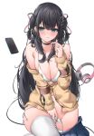  1girl :q absurdres black_choker black_hair blue_eyes blush bra breasts cardigan cellphone choker cleavage collarbone commentary_request hair_ornament headphones heart heart_hair_ornament highres large_breasts long_hair long_sleeves looking_at_viewer navel nekoya_minamo original panties phone revision solo thighhighs thighs tongue tongue_out underwear white_background white_bra white_panties white_thighhighs yellow_cardigan 