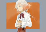  1girl adjusting_sleeves blonde_hair blue_eyes border bow bowtie braid braided_ponytail cevio closed_mouth commentary dress_shirt gradient_hair grey_border hair_flaps highres kabuyama_kaigi long_hair long_sleeves looking_ahead multicolored_hair one_(cevio) orange_background orange_hair outside_border red_bow red_bowtie red_skirt shirt shirt_tucked_in skirt sleeve_cuffs solo striped striped_bow striped_bowtie white_shirt 