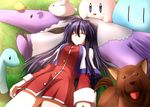  air anteater bird black_hair bunny chick clannad dango_daikazoku dinosaur dog dogesuke kanon kawasumi_mai kirby kirby_(series) long_hair lying red_skirt school_uniform skirt sleeping solo stuffed_animal stuffed_toy 