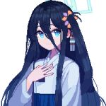  1girl aqua_halo aris_(blue_archive) blue_archive blue_eyes closed_mouth hair_between_eyes hair_ornament hanbok korean_clothes long_hair looking_at_viewer one_side_up pixel_art smile solo square_halo tinia_etru upper_body white_background 