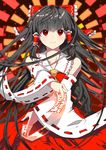  bad_id bad_pixiv_id bare_shoulders black_hair bow chirosuke danmaku detached_sleeves fire foreshortening frills hair_bow hakurei_reimu hands highres large_bow light_smile long_hair ofuda red_eyes smile solo touhou upper_body very_long_hair x_arms 