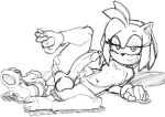 amy_rose anthro aroused balls barefoot big_penis blush bodily_fluids bracelet cheesoart clothing discarded_clothing erection eulipotyphlan feet footwear genital_fluids genitals gynomorph hedgehog hi_res intersex jewelry looking_at_viewer lying mammal mobian_hedgehog monochrome mostly_nude penis precum presenting pubes sega shoes sketch smile solo sonic_the_hedgehog_(series) spread_legs spreading