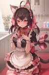  1girl absurdres ahoge animal_ears apron bell blush bow brown_hair cat_ears cat_girl cat_tail choker dress frilled_apron frilled_dress frills hair_bow highres indoors kneeling long_hair maid maid_headdress original pink_bow pink_eyes solo tail thighhighs thighs twintails zerocat 