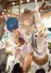  2girls absurdres arm_up blue_hair blurry blush brown_hair carousel cevio closed_eyes commentary_request depth_of_field dress faceless faceless_female facing_to_the_side feet_out_of_frame film_grain floating_hair hair_bun hairband head_down highres holding holding_pole kabuyama_kaigi long_hair multiple_girls open_mouth outstretched_arm pole riding satou_sasara shirt short_hair short_sleeves single_side_bun smile suzuki_tsudumi white_dress white_hairband white_shirt 