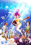  1girl 3boys band barefoot bass_guitar bikini bubble drum drum_set electric_guitar fish front-tie_top guitar instrument jumping microphone multiple_boys original shorts side-tie_bikini swimsuit underwater 