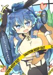  1girl animal_ears blue_eyes blue_hair blush breasts carrot collar commentary_request holding lock long_hair looking_at_viewer matsu_kitsune open_mouth rabbit_ears solo touhou translation_request very_long_hair yorigami_shion 