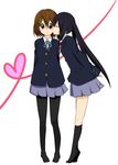  black_hair brown_eyes brown_hair closed_eyes hirasawa_yui k-on! kiss long_hair multiple_girls nakano_azusa pantyhose school_uniform short_hair tiptoe_kiss tiptoes twintails yuki_(sangeki5806) yuri 