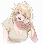  1girl ^_^ blonde_hair breasts closed_eyes closed_mouth collarbone dungeon_meshi facing_viewer falin_thorden hand_up large_breasts malga_(milky721) messy_hair open_mouth shirt short_hair short_sleeves simple_background solo t-shirt upper_body v-neck white_background 